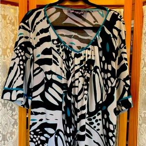 Liquid Knit Printed Top w/ Contrast Trim & Pintuck Detail